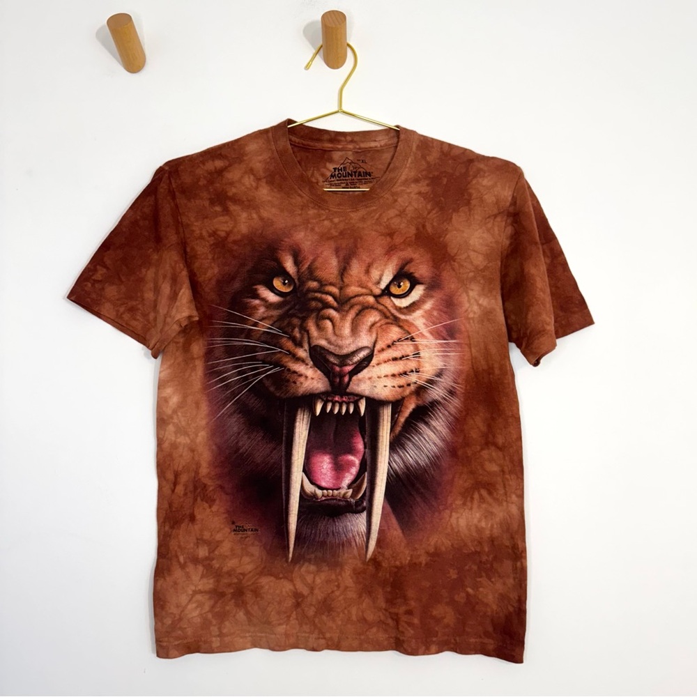 The Mountain Tie Dye Sabertooth Tiger Cotton Graphic Tee Brown Orange Youth XL